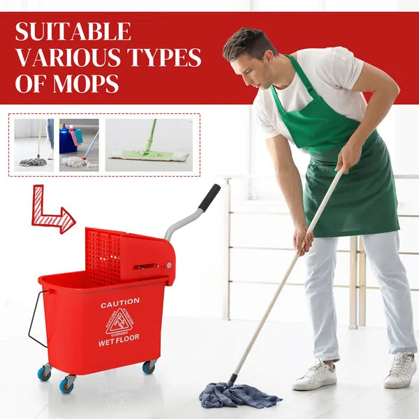HOMCOM Mop Bucket with Wringer on Wheels 21 Quart Floor Cleaning Red Separate Dirty Clean Water System - product image 7