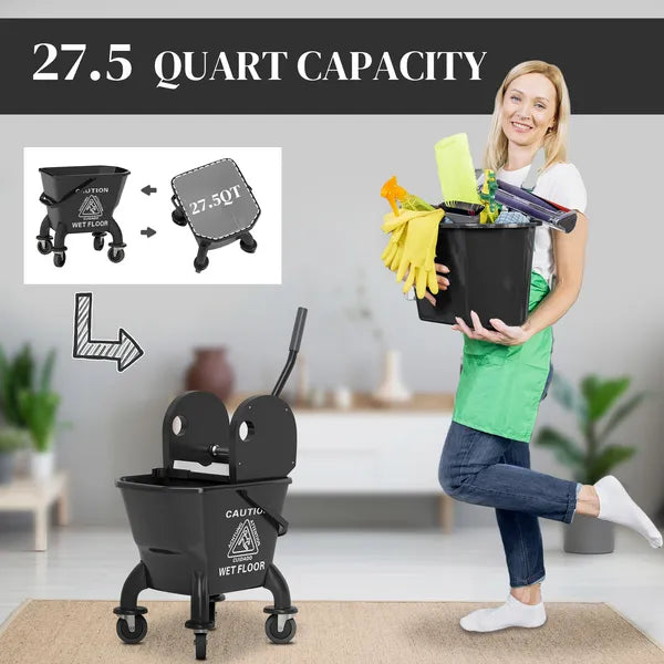 Mop Bucket with Wringer on Wheels for Floor Cleaning, 27.5 Quart Down Press Wringer with Handle and Mop, Black - product image 4