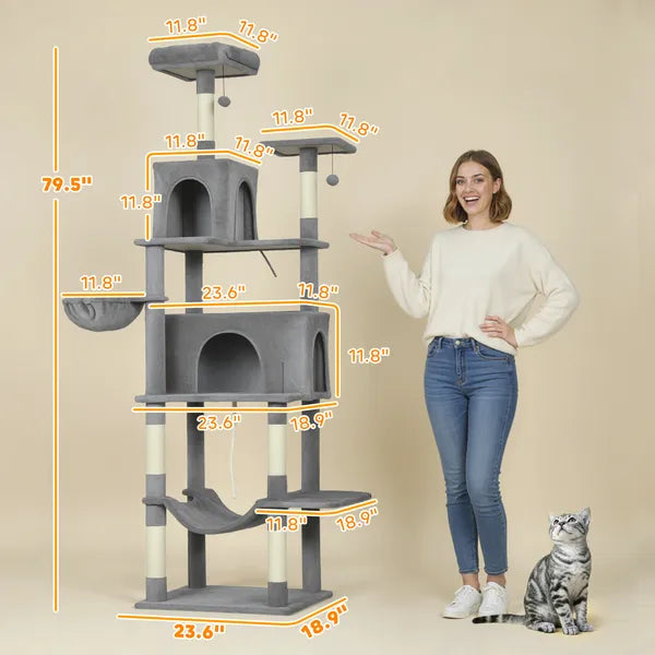 PawHut Multi-Level Cat Tower, 80 Inch Tall Cat Tree, with 2 Condos, 2 Hammocks, 6 Sisal Scratching Posts, Dark Gray - product image 3