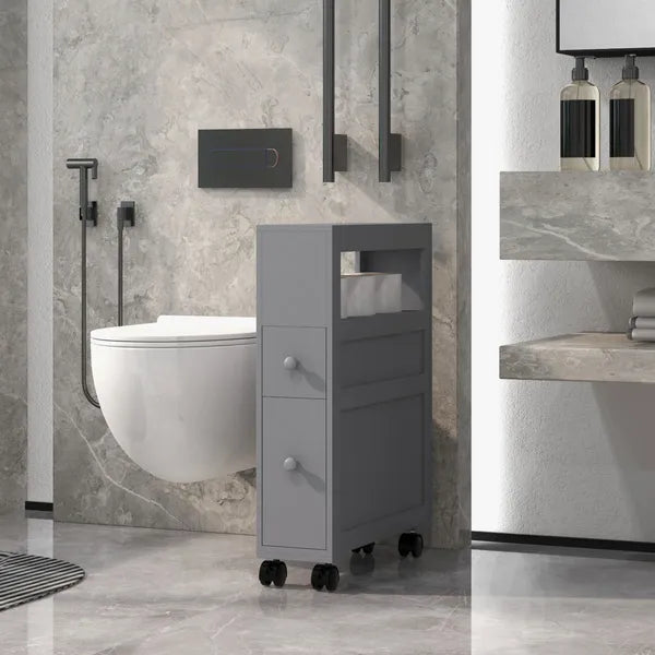 HOMCOM Narrow Bathroom Storage Cabinet Space Saving Toilet Paper Holder with Drawers Rolling Wheels,Gray - product image 10