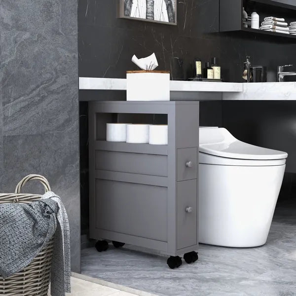 HOMCOM Narrow Bathroom Storage Cabinet Space Saving Toilet Paper Holder with Drawers Rolling Wheels,Gray - product image 2