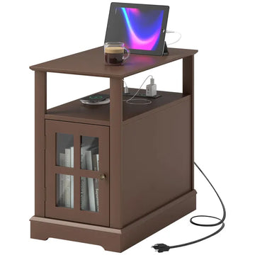 Narrow Side Table End Table with Charging Station, USB Ports, Modern End Table with Storage for Living Room, Brown - product image 1