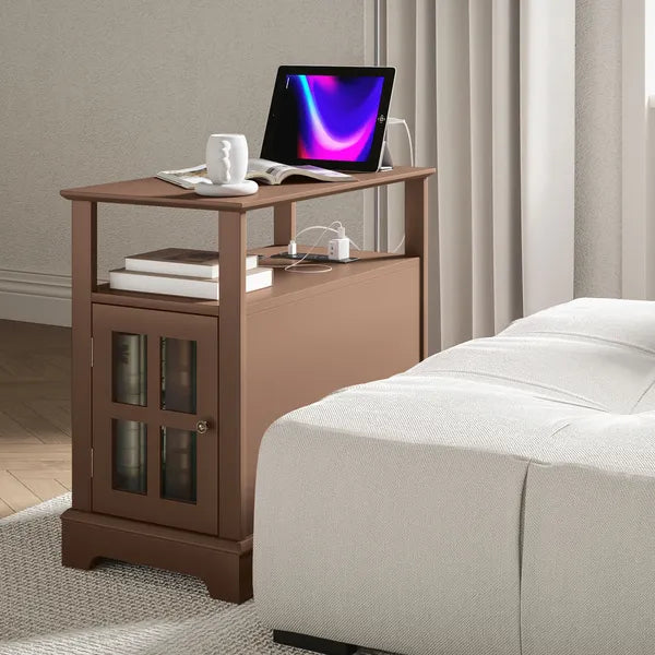 Narrow Side Table End Table with Charging Station, USB Ports, Modern End Table with Storage for Living Room, Brown - product image 9