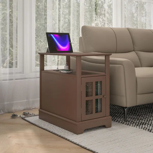 Narrow Side Table End Table with Charging Station, USB Ports, Modern End Table with Storage for Living Room, Brown - product image 7
