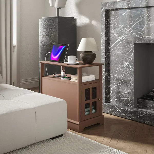 Narrow Side Table End Table with Charging Station, USB Ports, Modern End Table with Storage for Living Room, Brown - product image 8