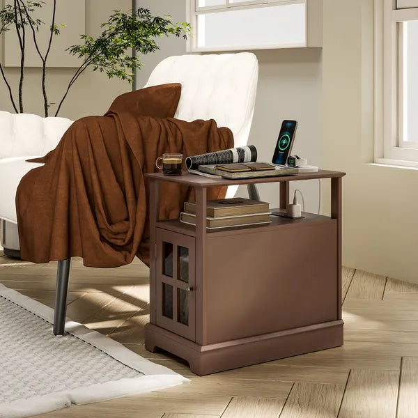 Narrow Side Table End Table with Charging Station, USB Ports, Modern End Table with Storage for Living Room, Brown - product image 2