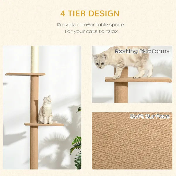 Natural Floor-to-Ceiling Cat Tree, Sisal-Covered Scratching Posts, Light Brown - product image 6