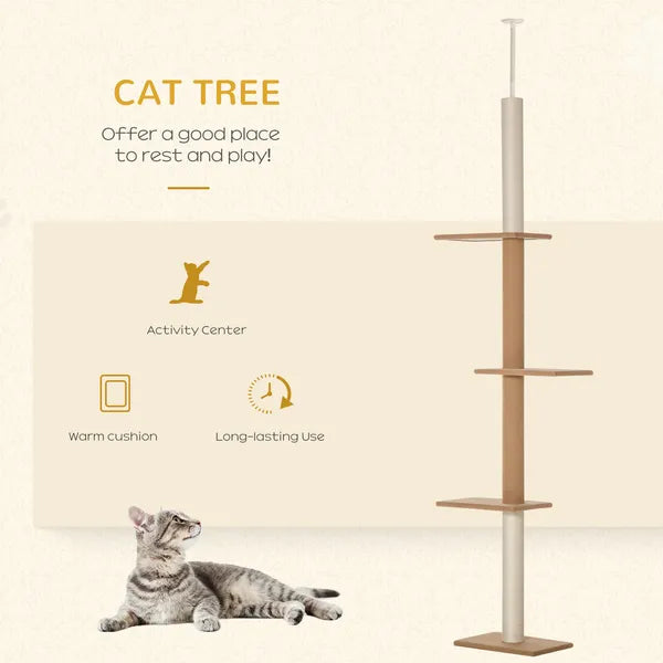 Natural Floor-to-Ceiling Cat Tree, Sisal-Covered Scratching Posts, Light Brown - product image 4