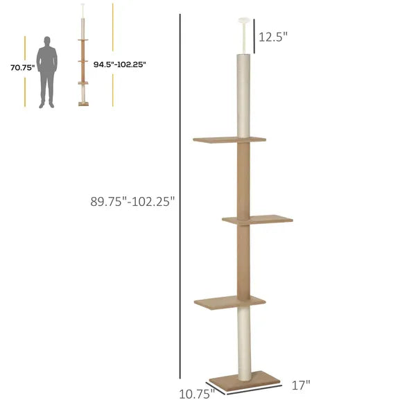 Natural Floor-to-Ceiling Cat Tree, Sisal-Covered Scratching Posts, Light Brown - product image 3
