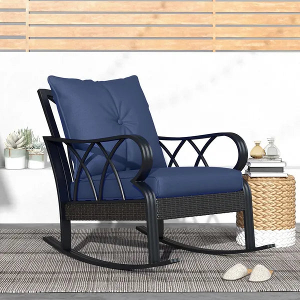 Nautical Rocking Chair, Outdoor Wicker Rattan, Blue Cushions, Porch Relaxation - product image 8