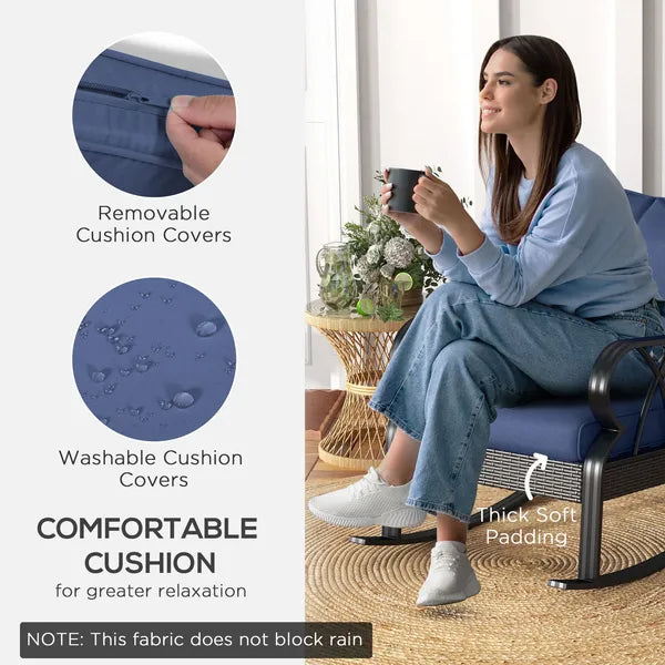 Nautical Rocking Chair, Outdoor Wicker Rattan, Blue Cushions, Porch Relaxation - product image 5