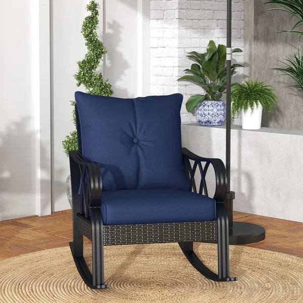 Nautical Rocking Chair, Outdoor Wicker Rattan, Blue Cushions, Porch Relaxation - product image 2