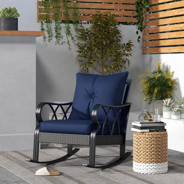 Nautical Rocking Chair, Outdoor Wicker Rattan, Blue Cushions, Porch Relaxation - product image 10