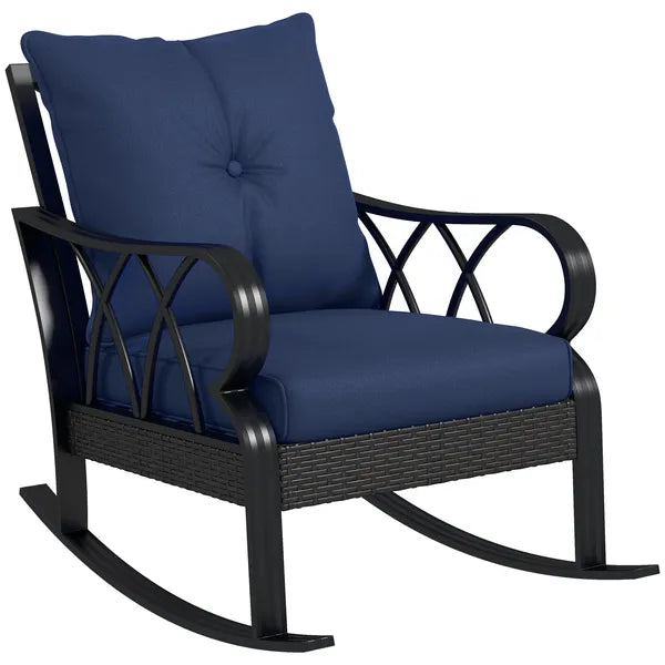 Nautical Rocking Chair, Outdoor Wicker Rattan, Blue Cushions, Porch Relaxation - product image 11