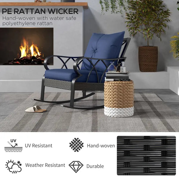 Nautical Rocking Chair, Outdoor Wicker Rattan, Blue Cushions, Porch Relaxation - product image 4
