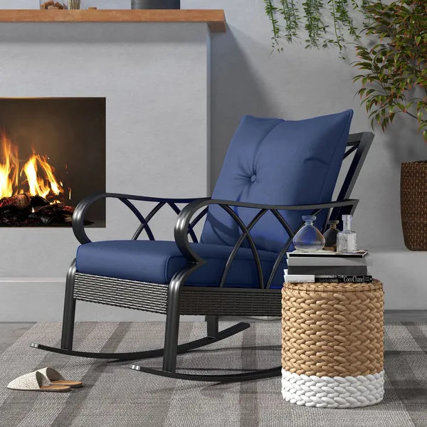 Nautical Rocking Chair, Outdoor Wicker Rattan, Blue Cushions, Porch Relaxation - product image 9