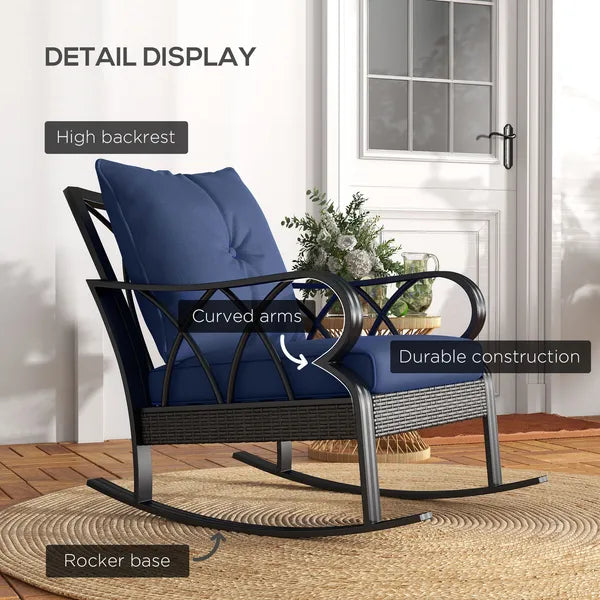 Nautical Rocking Chair, Outdoor Wicker Rattan, Blue Cushions, Porch Relaxation - product image 6