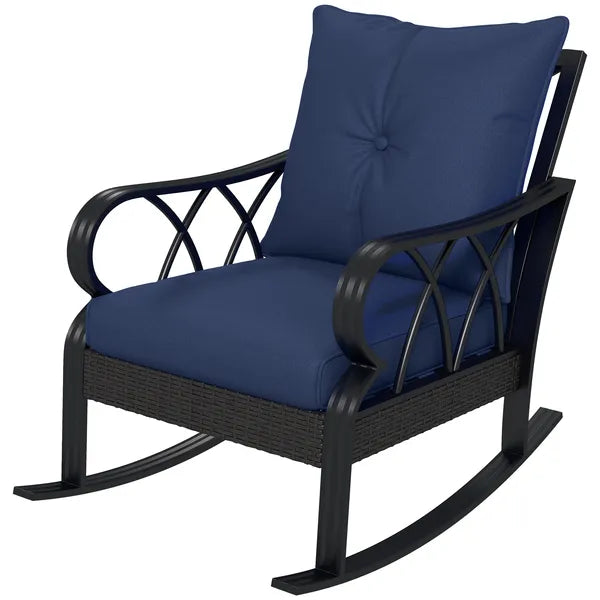 Nautical Rocking Chair, Outdoor Wicker Rattan, Blue Cushions, Porch Relaxation - product image 1