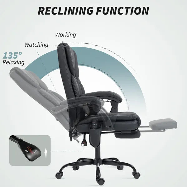 Office Chair with Massage, Pet-Friendly Faux Leather Reclining Desk Chair with Lumbar Support, Footrest, Black - product image 8