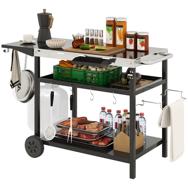 Outsunny Outdoor Bar Cart Grill Table with Stainless Steel Tabletop, Wheeled Outdoor Serving Cart Prep Table with Storage, Hooks - product image 11