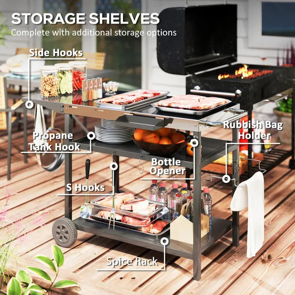 Outsunny Outdoor Bar Cart Grill Table with Stainless Steel Tabletop, Wheeled Outdoor Serving Cart Prep Table with Storage, Hooks - product image 6