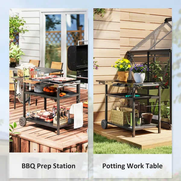 Outsunny Outdoor Bar Cart Grill Table with Stainless Steel Tabletop, Wheeled Outdoor Serving Cart Prep Table with Storage, Hooks - product image 9