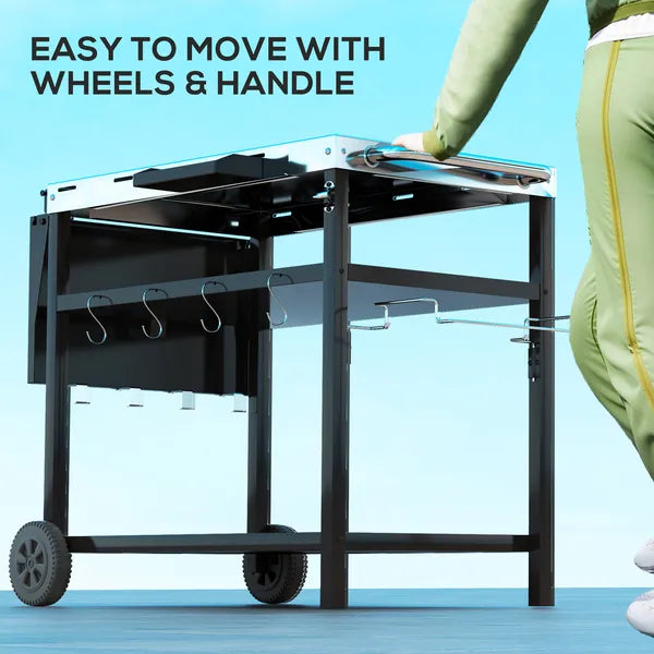 Outsunny Outdoor Bar Cart Grill Table with Stainless Steel Tabletop, Wheeled Outdoor Serving Cart Prep Table with Storage, Hooks - product image 7
