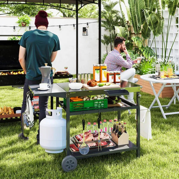 Outsunny Outdoor Bar Cart Grill Table with Stainless Steel Tabletop, Wheeled Outdoor Serving Cart Prep Table with Storage, Hooks - product image 2