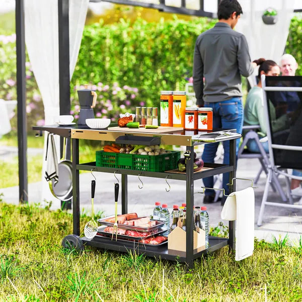 Outsunny Outdoor Bar Cart Grill Table with Stainless Steel Tabletop, Wheeled Outdoor Serving Cart Prep Table with Storage, Hooks - product image 10