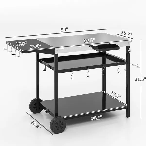 Outsunny Outdoor Bar Cart Grill Table with Stainless Steel Tabletop, Wheeled Outdoor Serving Cart Prep Table with Storage, Hooks - product image 3