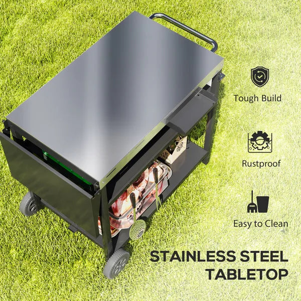 Outsunny Outdoor Bar Cart Grill Table with Stainless Steel Tabletop, Wheeled Outdoor Serving Cart Prep Table with Storage, Hooks - product image 4