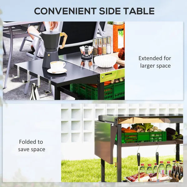 Outsunny Outdoor Bar Cart Grill Table with Stainless Steel Tabletop, Wheeled Outdoor Serving Cart Prep Table with Storage, Hooks - product image 5
