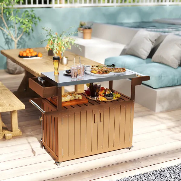 Outdoor Bar Cart with Storage, Stainless Steel Outdoor Bar Table Top, Wheeled HDPE Kitchen Island for Food Prep, Brown - product image 9