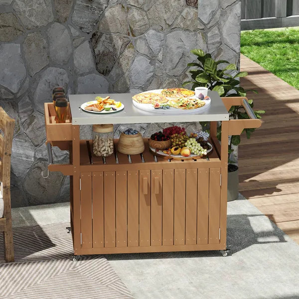 Outdoor Bar Cart with Storage, Stainless Steel Outdoor Bar Table Top, Wheeled HDPE Kitchen Island for Food Prep, Brown - product image 10