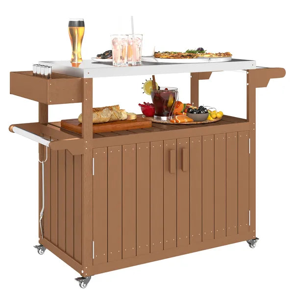 Outdoor Bar Cart with Storage, Stainless Steel Outdoor Bar Table Top, Wheeled HDPE Kitchen Island for Food Prep, Brown - product image 11