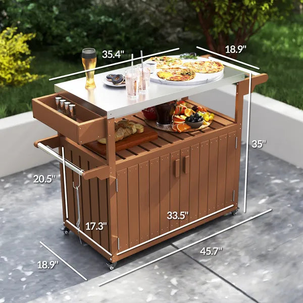 Outdoor Bar Cart with Storage, Stainless Steel Outdoor Bar Table Top, Wheeled HDPE Kitchen Island for Food Prep, Brown - product image 3