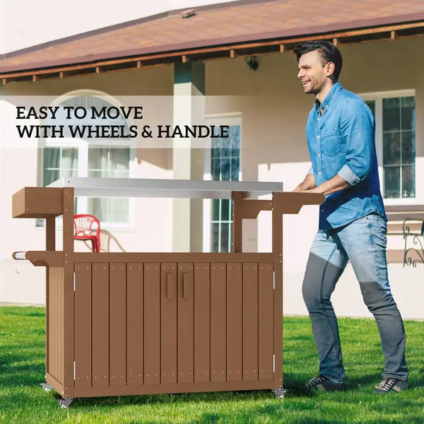 Outdoor Bar Cart with Storage, Stainless Steel Outdoor Bar Table Top, Wheeled HDPE Kitchen Island for Food Prep, Brown - product image 7