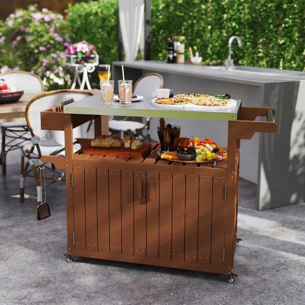 Outdoor Bar Cart with Storage, Stainless Steel Outdoor Bar Table Top, Wheeled HDPE Kitchen Island for Food Prep, Brown - product image 2