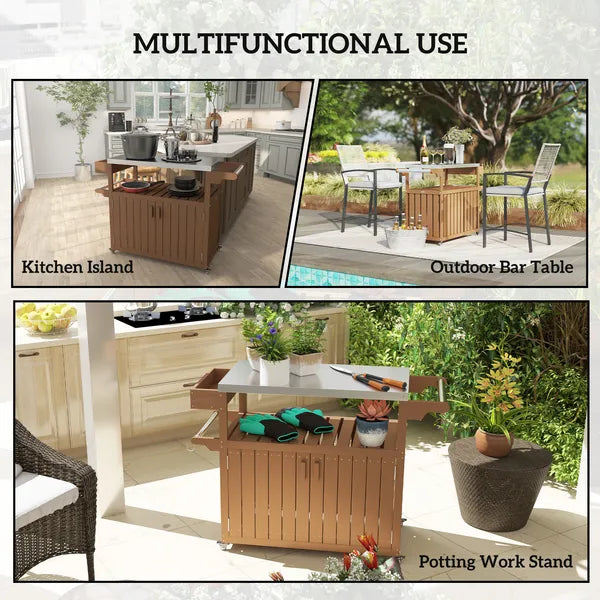 Outdoor Bar Cart with Storage, Stainless Steel Outdoor Bar Table Top, Wheeled HDPE Kitchen Island for Food Prep, Brown - product image 8