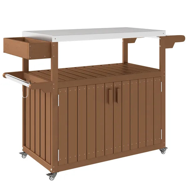 Outdoor Bar Cart with Storage, Stainless Steel Outdoor Bar Table Top, Wheeled HDPE Kitchen Island for Food Prep, Brown - product image 1