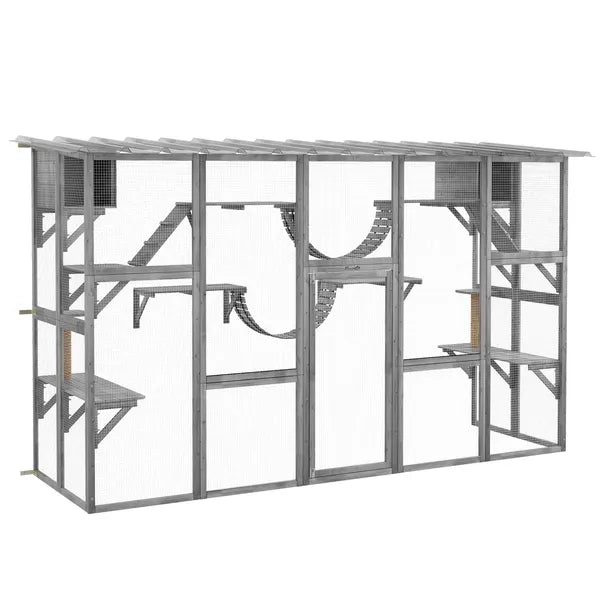 PawHut Outdoor Cat Cages Enclosures, Wooden Outdoor Cat House, Weather Protection Roof, Cat Shelter Kitten Playpen with Shelves and Bridges - product image 1