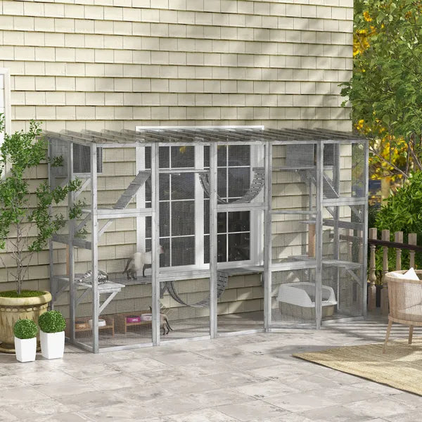PawHut Outdoor Cat Cages Enclosures, Wooden Outdoor Cat House, Weather Protection Roof, Cat Shelter Kitten Playpen with Shelves and Bridges - product image 10