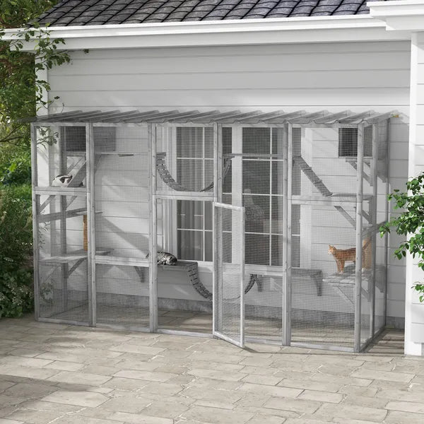 PawHut Outdoor Cat Cages Enclosures, Wooden Outdoor Cat House, Weather Protection Roof, Cat Shelter Kitten Playpen with Shelves and Bridges - product image 2
