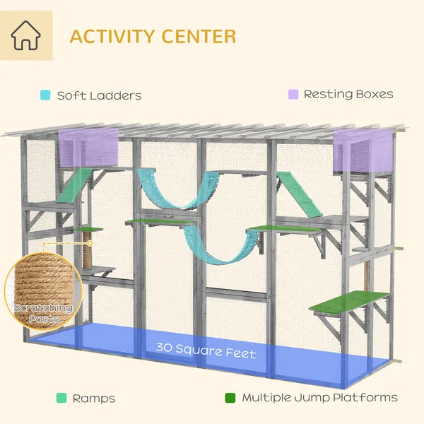 PawHut Outdoor Cat Cages Enclosures, Wooden Outdoor Cat House, Weather Protection Roof, Cat Shelter Kitten Playpen with Shelves and Bridges - product image 5