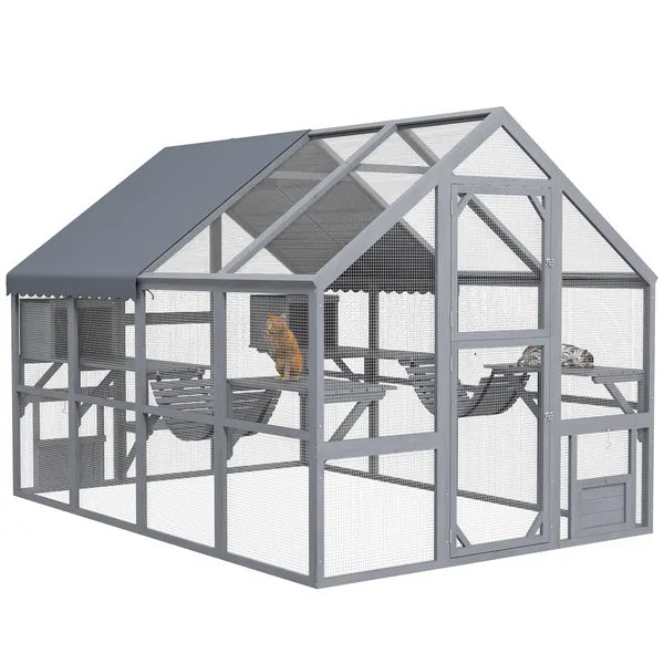 PawHut Outdoor Cat Enclosure with Condos, Canopy, Suspension Bridges, Platforms and Multiple Doors for 3-6 Cats, Gray - product image 11