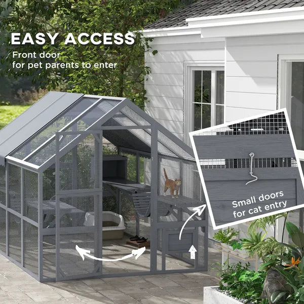 PawHut Outdoor Cat Enclosure with Condos, Canopy, Suspension Bridges, Platforms and Multiple Doors for 3-6 Cats, Gray - product image 7
