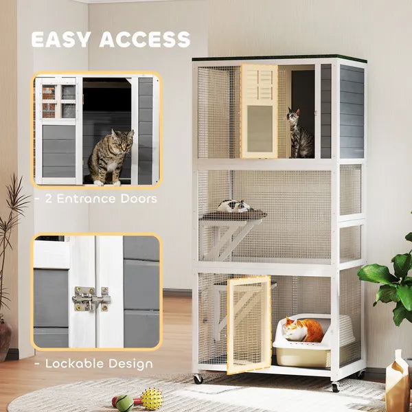 Outdoor Wooden Cat House Catio on Wheels with Platforms and Resting Condo - product image 7