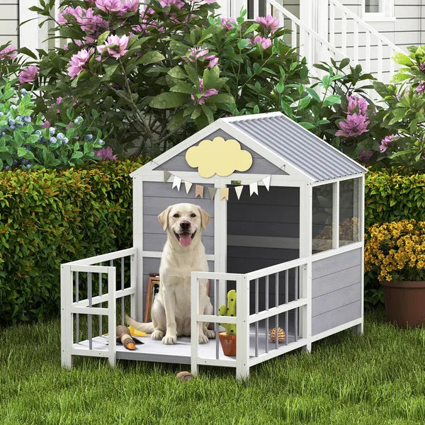 PawHut Outdoor Dog House, 61"L Wooden Dog House with Porch, Weatherproof Roof, Elevated Base, Air Vents and Observation Windows - product image 2