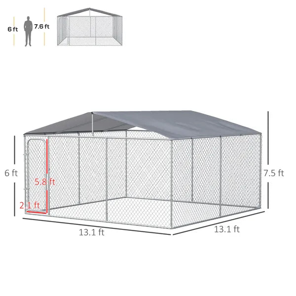 PawHut Outdoor Dog Kennel Galvanized Steel Fence with Cover Secure Lock Mesh Sidewalls for Backyard 13' x 13' x 7.5' - product image 3