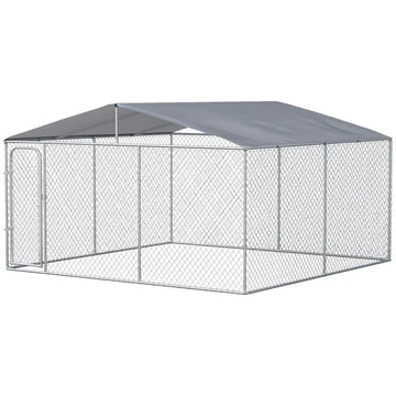 PawHut Outdoor Dog Kennel Galvanized Steel Fence with Cover Secure Lock Mesh Sidewalls for Backyard 13' x 13' x 7.5' - product image 1